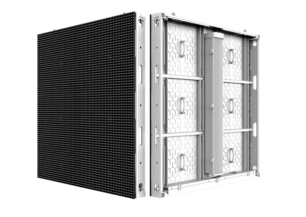 Par de gabinetes de LED outdoor fixo — face de pixels à frente, estrutura traseira modular com nervuras de reforço e alça de manuseio atrás.